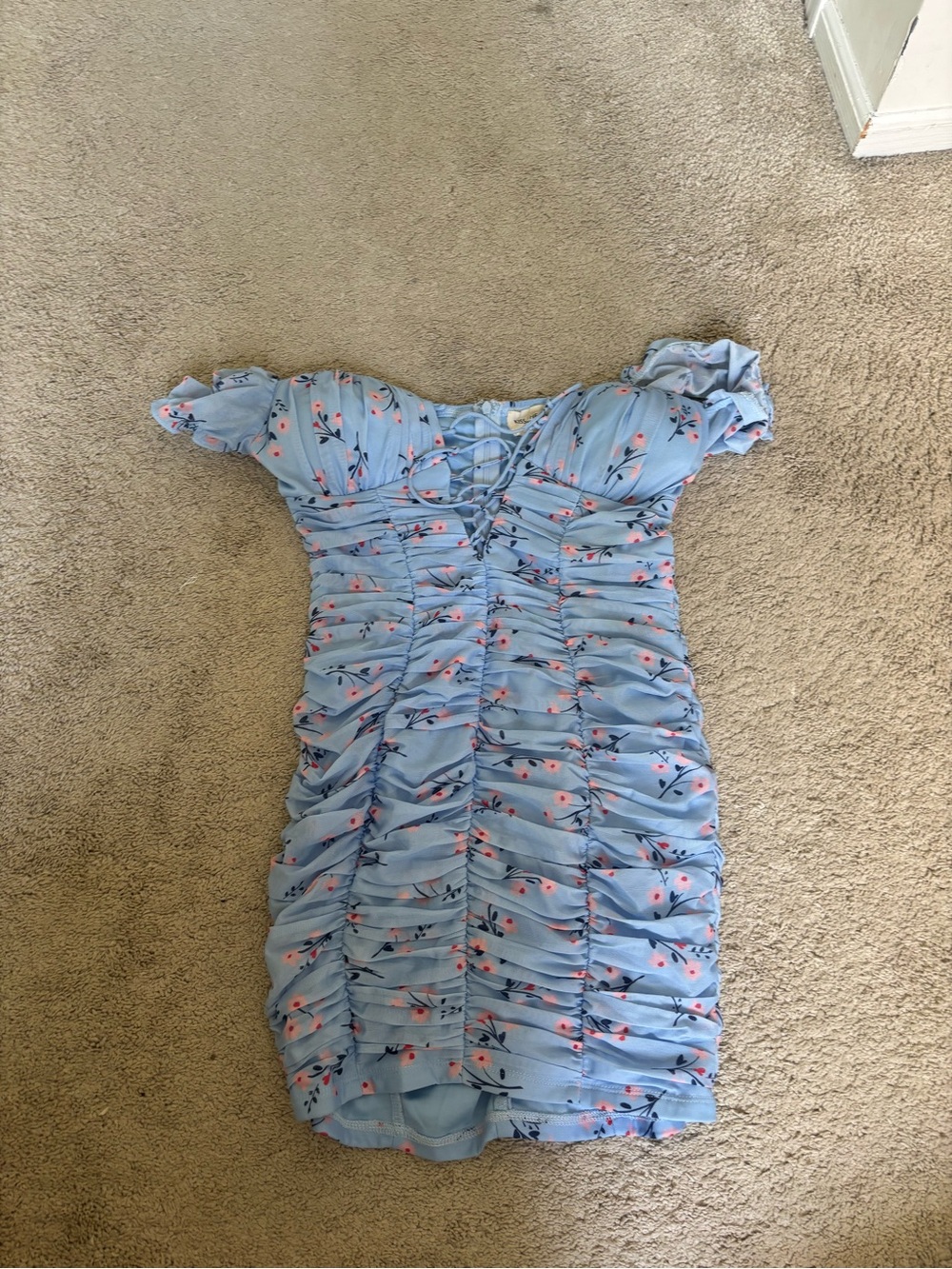 Light Blue Floral Ruched Mini Dress